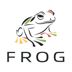 A cute, green, cartoon frog vector illustration of an amphibian character on a white background