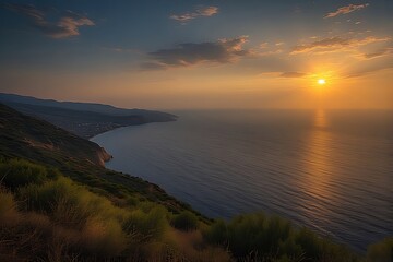 Fototapeta premium Sunset over the Ocean from a Hilltop