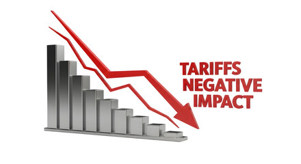 Falling bar graph with tariffs negative impact    .ai generative, transparent background, white background. isolated on white background, png, jpeg, jpg.