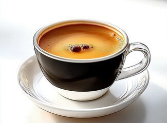Close-up of a freshly brewed coffee in a black and white cup with a saucer, showing rich crema and coffee bubbles on a white background