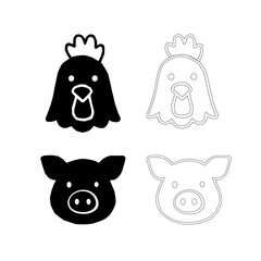 Farm Animal Vector Set – Silhouette and Outline Mix. Mixed Style Farm Animal Icons Collection. Livestock Animal Bundle – Outline and Black Silhouette. Farm Animal Vector Icons Pack.