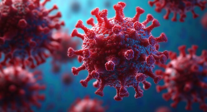 Close-up 3D rendering of red virus particles with protruding spike proteins floating against a blue background, evoking a microscopic and scientific visualization