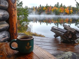 Cup of coffee and tea on a wooden bridge over the lake