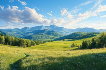 Lush green meadow under a bright sky with scattered clouds and distant blue mountains in the background, evoking peace and natural beauty