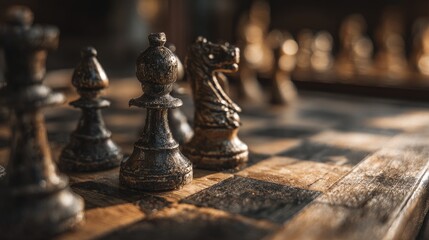Close-up of aged chess pieces on a wooden board