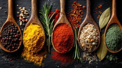 Wooden spoons filled with colorful spices and herbs on dark stone