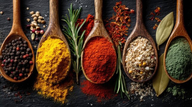 Wooden spoons filled with colorful spices and herbs on dark stone - Powered by Adobe