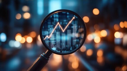 Magnifying glass focusing on glowing upward trending financial bar chart and line graph with blurred city lights background showing growth and analysis concept