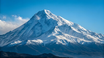 Majestic Mountain Peak: A striking image captures the grandeur of a snow-covered mountain peak reaching towards a clear, cerulean sky, showcasing the raw power of nature and perfect for travel.