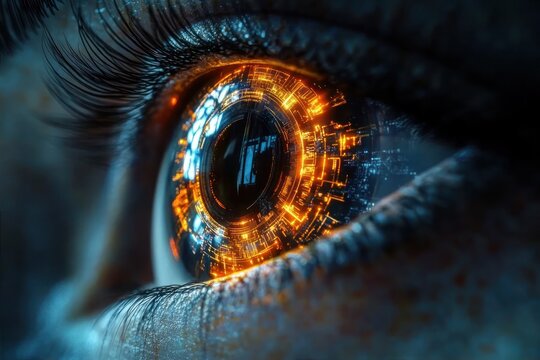 Close-up of a human eye with intricate glowing orange and blue digital circuit patterns reflecting in the iris, symbolizing technology and futuristic vision - Powered by Adobe
