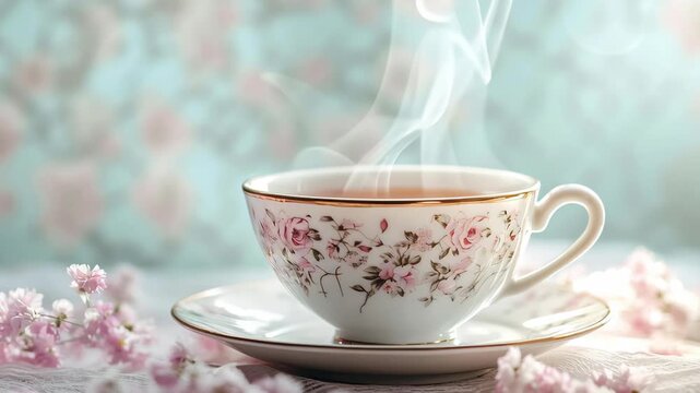 Steaming hot tea in delicate floral porcelain cup with matching saucer surrounded by soft pink flowers creating calm cozy atmosphere