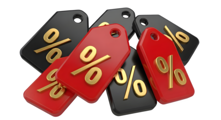 Pile of red and black discount percentage tags    .ai generative, transparent background, white background. isolated on white background, png, jpeg, jpg.