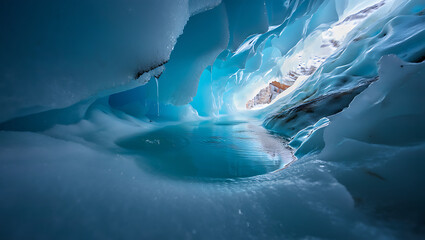 Vibrant turquoise blue ice cave with light illuminating from within showcasing the ethereal beauty and sculpted formations of a glacial cavern