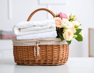 Basket of towels and flowers on a table
