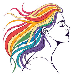 Vector art shows a woman in profile with flowing hair in rainbow colors.