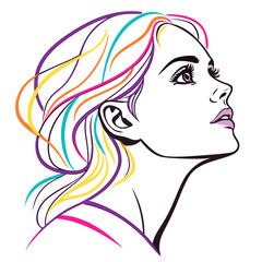 A stylized illustration of a woman with colorful hair looking upwards. 