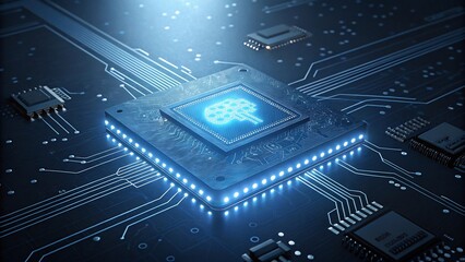 Closeup of a computer chip with a brain icon, representing artificial intelligence and future technology advancements