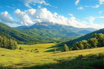 Obraz premium Sunny green valley with scattered trees, lush grass, surrounded by forested hills and distant mountains under a blue sky with fluffy white clouds