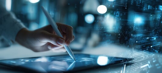 The hand using a digital pen on a tablet with futuristic interface elements.
