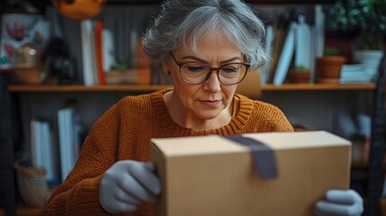 Focused mature woman wearing glasses and orange sweater carefully opening a cardboard box in a cozy room filled with books and plants