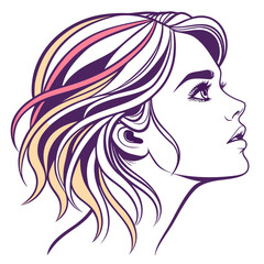 A stylized vector art illustration of a woman in profile. Her colorful hair is a mix of blonde, pink, and purple shades, with fine line details.

