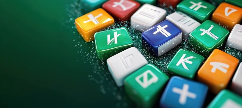 Close-up of colorful dice with white symbols resembling mathematical or abstract characters scattered on a dark surface with visible granular texture