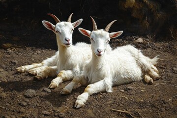 Fototapeta premium Two white goats with curved horns resting closely together on dry soil in warm natural light