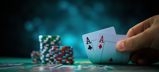 The poker hand showcases two aces amid colorful betting chips at a casino table.