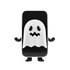 Adorable cartoon ghost character with a playful expression on a mobile phone screen, isolated on a white background