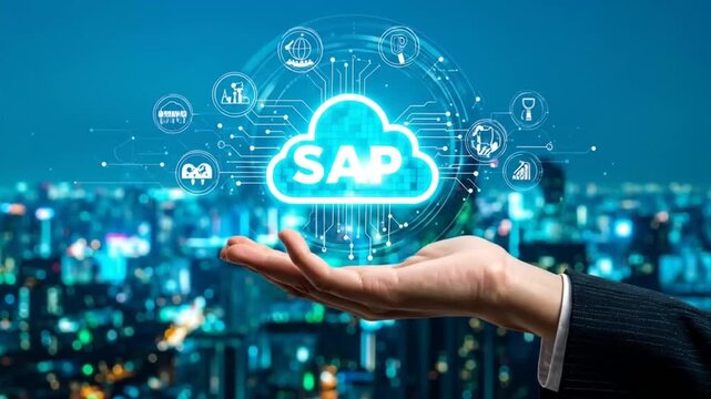 SAP Cloud Technology: Hand Holding Digital Solutions Over Cityscape