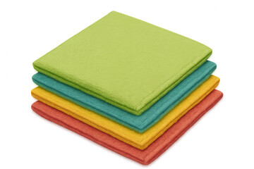 Fototapeta premium Four colorful and fluffy terry towels stacked neatly, creating a vibrant display of bathroom essentials on a transparent background