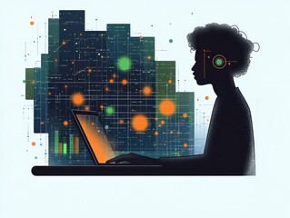 Silhouette of a person wearing headphones working on a laptop surrounded by abstract digital data and floating glowing nodes and charts representing data analysis and technology