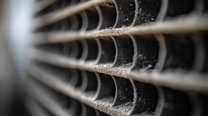 Close-up view of a dusty metal vent or grille with repetitive curved patterns creating depth and shadow