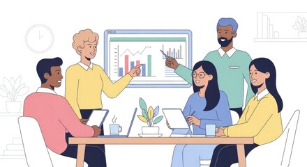 Diverse group in meeting presenting data