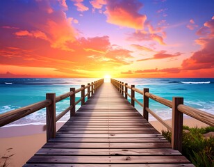 Naklejka premium A wooden pier leads to a vibrant sunset over the ocean