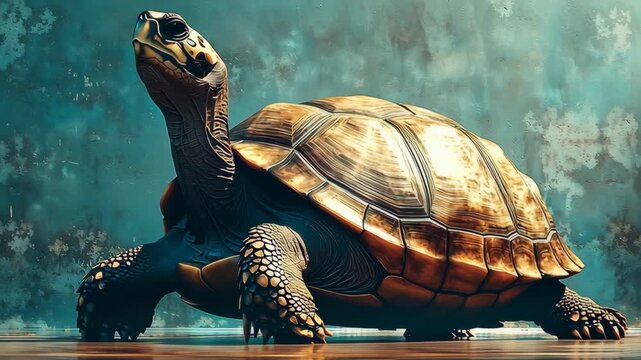 Turtle reptile with textured shell and scaly legs walking slow on reflective surface showing natural wildlife and amphibian nature animal beauty