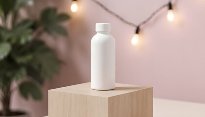 White Cosmetic Bottle Mockup on Wooden Block with Fairy Lights