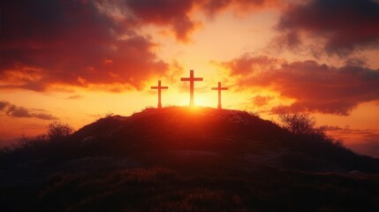 Obraz premium Three crosses on a hill silhouetted against a vibrant orange and yellow sunset sky with scattered clouds, evoking a serene and contemplative atmosphere