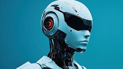 futuristic humanoid robot with sleek white armor and black visor against blue background expressing calm and focused emotion