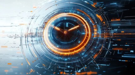 Futuristic digital clock interface with glowing orange and blue circular data visualization elements conveying speed and technology