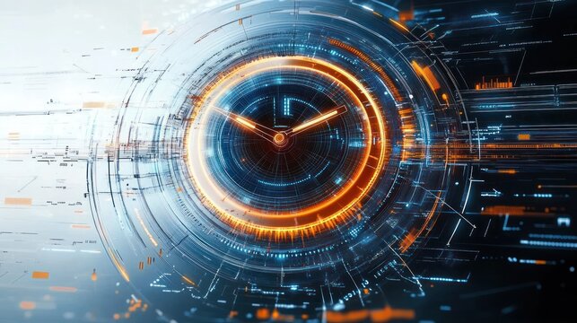 Futuristic digital clock interface with glowing orange and blue circular data visualization elements conveying speed and technology