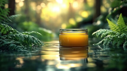 Small glass jar with orange liquid floating on calm water surrounded by green ferns and soft natural light