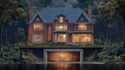 Obraz premium Elegant large brick house with multiple windows lit warmly at dusk nestled in dense forest by calm water with sunken modern room beneath