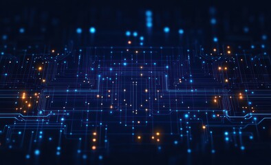 Glowing blue and orange digital circuit board with interconnected pathways and nodes representing technology and data flow in a dark futuristic environment
