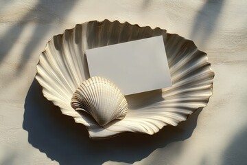 Empty card and seashell placed inside a large scallop-shaped dish with soft shadows and warm natural lighting