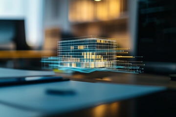 Augmented reality interface displaying a glowing 3D hologram of a complex architectural structure or a server block in a high-tech environment