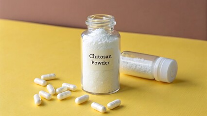 Chitosan powder in a glass bottle with capsules, a natural supplement for health, diet, and weight loss on yellow background