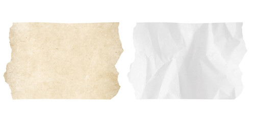 Textured Torn Paper Pieces: Aged Beige and Crumpled White Strips isolated on transparent, png background