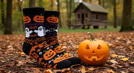 Halloween-themed socks and a carved pumpkin in autumn leaves.