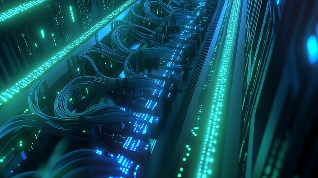 A close up view of server racks with blue and green neon lighting